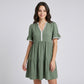 Lace Trim V-Neck Flutter Sleeve Tiered Mini Dress with Gathered Waist and Flowy Relaxed Silhouette
