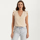 Sleeveless Swiss Dot Button Front Top with Ruffle Shoulders and Scalloped Neckline