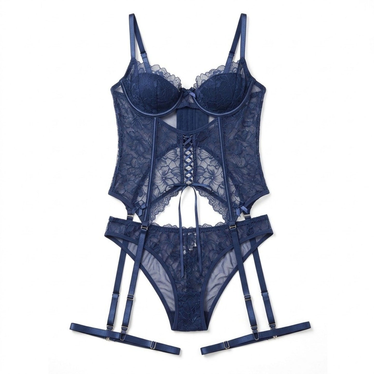 2 Piece Floral Lace Bustier and Panty Lingerie Set with Leg Straps