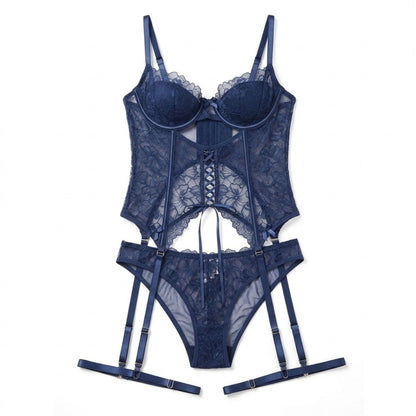 2 Piece Floral Lace Bustier and Panty Lingerie Set with Leg Straps
