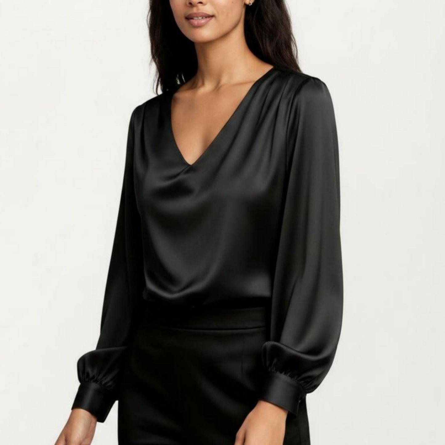 Satin V-Neck Blouse with Long Balloon Sleeves and Wide Cuffs