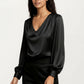 Satin V-Neck Blouse with Long Balloon Sleeves and Wide Cuffs