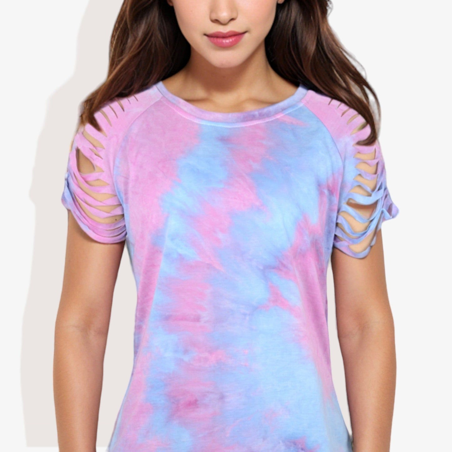 Short Sleeve Tie-Dye Top with Cut-Out Shoulder