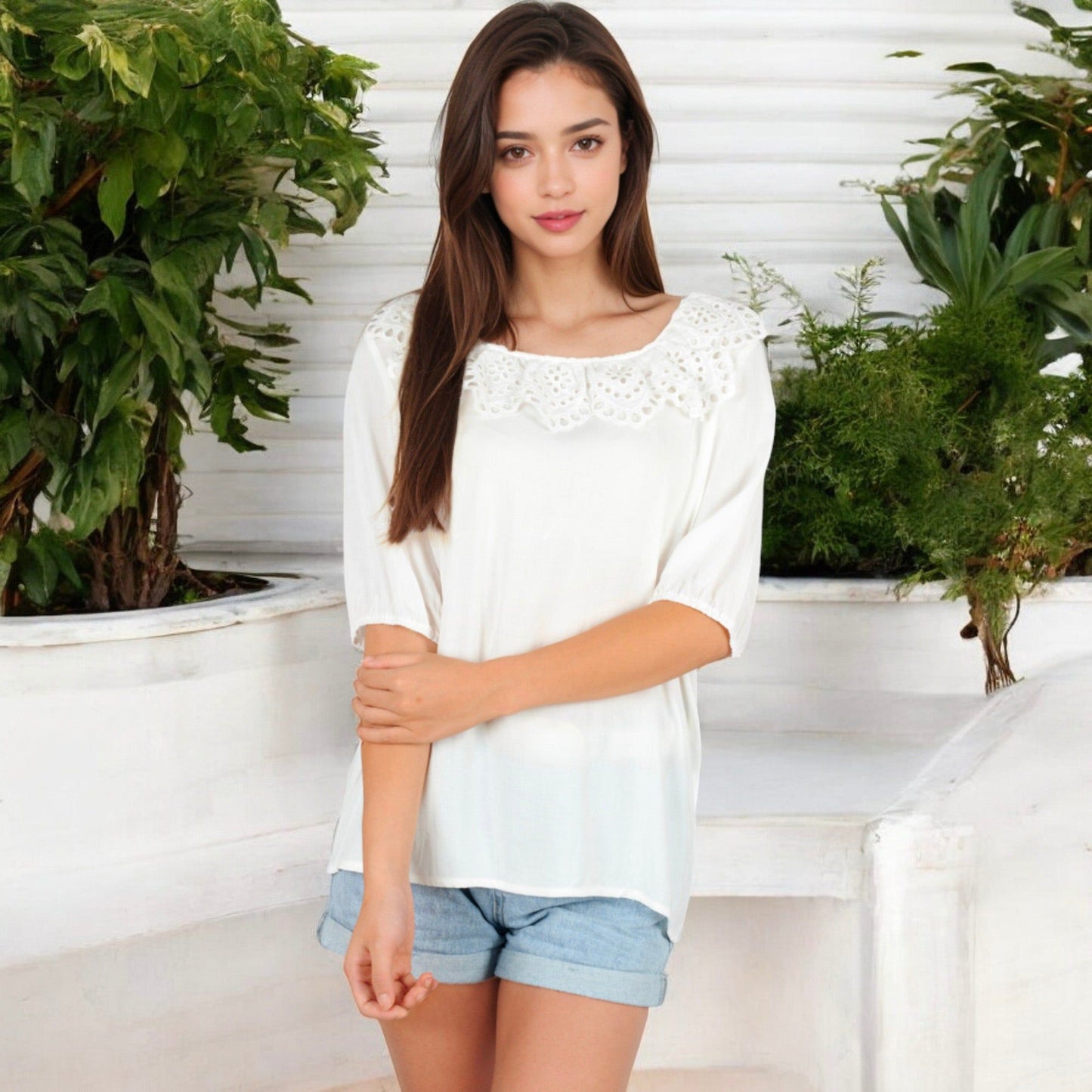 Embroidered Eyelet Scoop Neck Top with 3/4 Sleeves