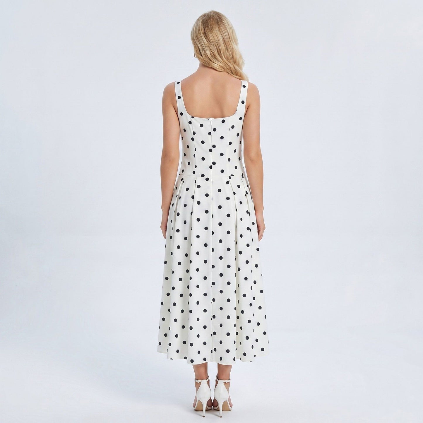 Polka Dot Square Neck Fit and Flare Midi Dress