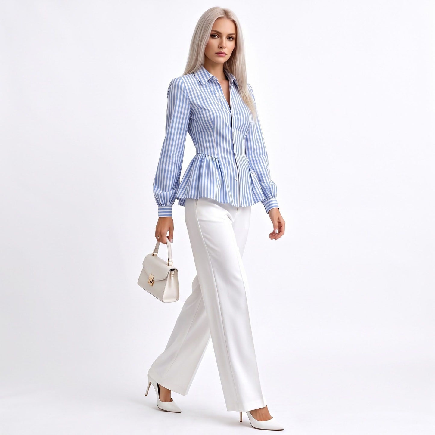 Striped Long Sleeve Button Down Peplum Shirt with Collared Neckline