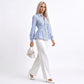 Striped Long Sleeve Button Down Peplum Shirt with Collared Neckline