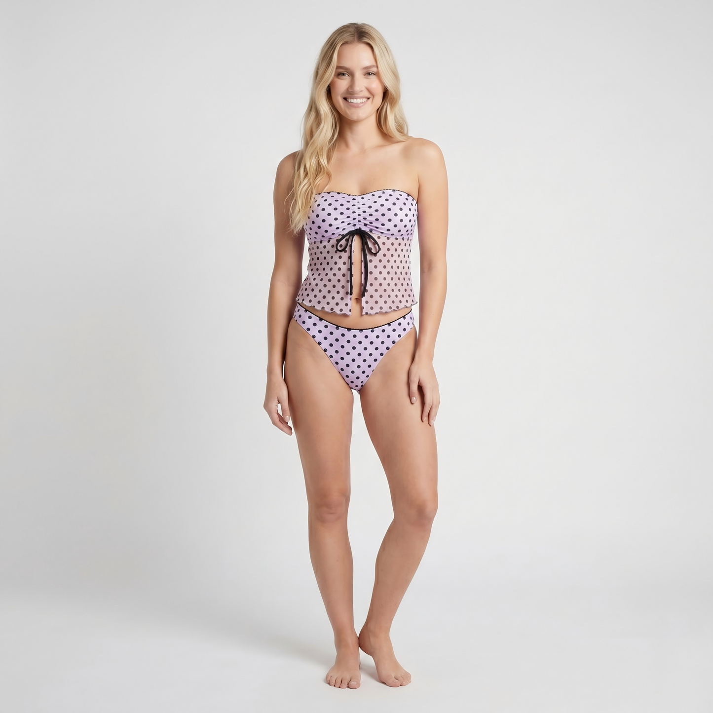Polka Dot 2-Piece Tankini Swimsuit Set with Adjustable Halter Strap Bow Detail Ruched Bust and Mid Rise Bottom