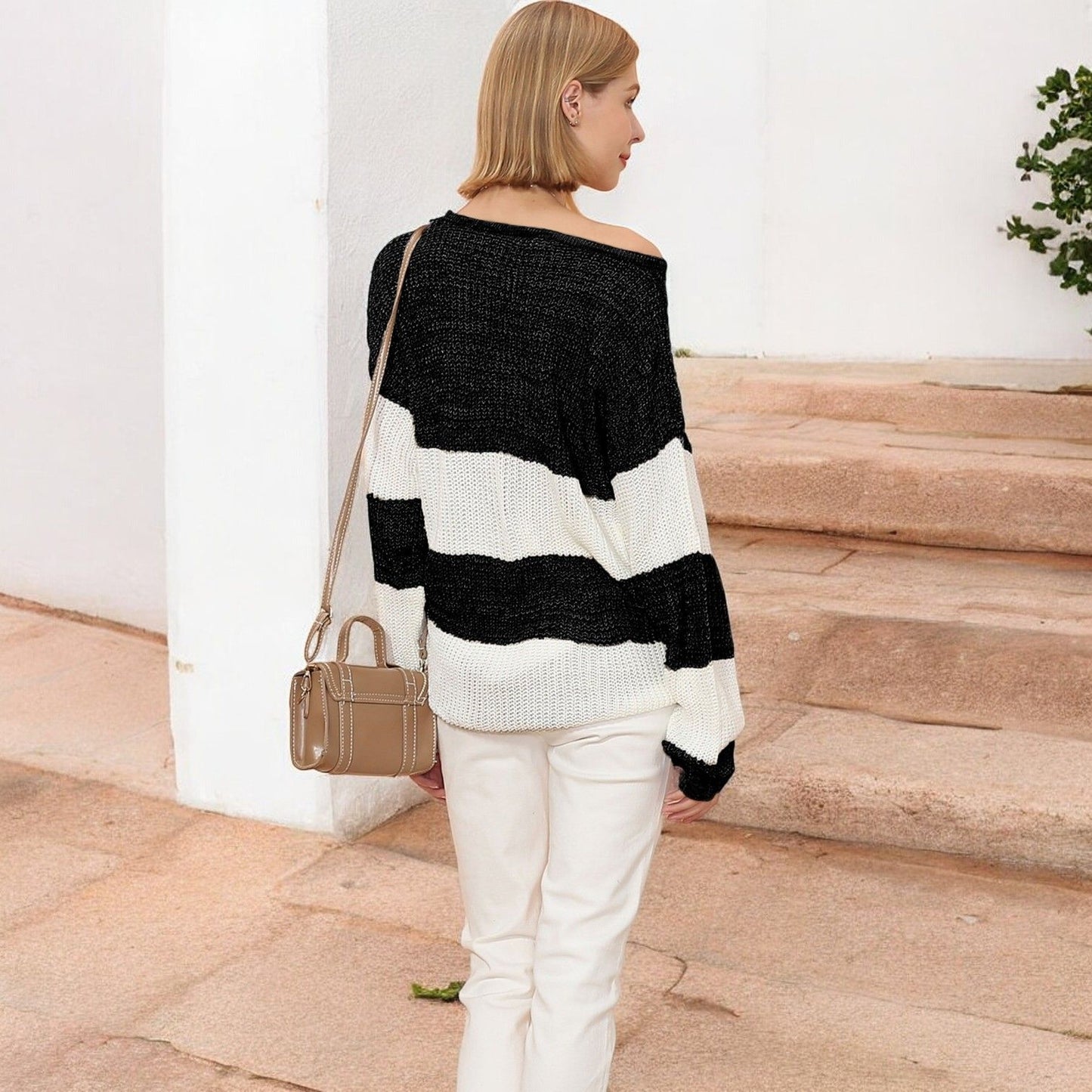 Off-Shoulder Color Block Knit Sweater with Long Sleeves