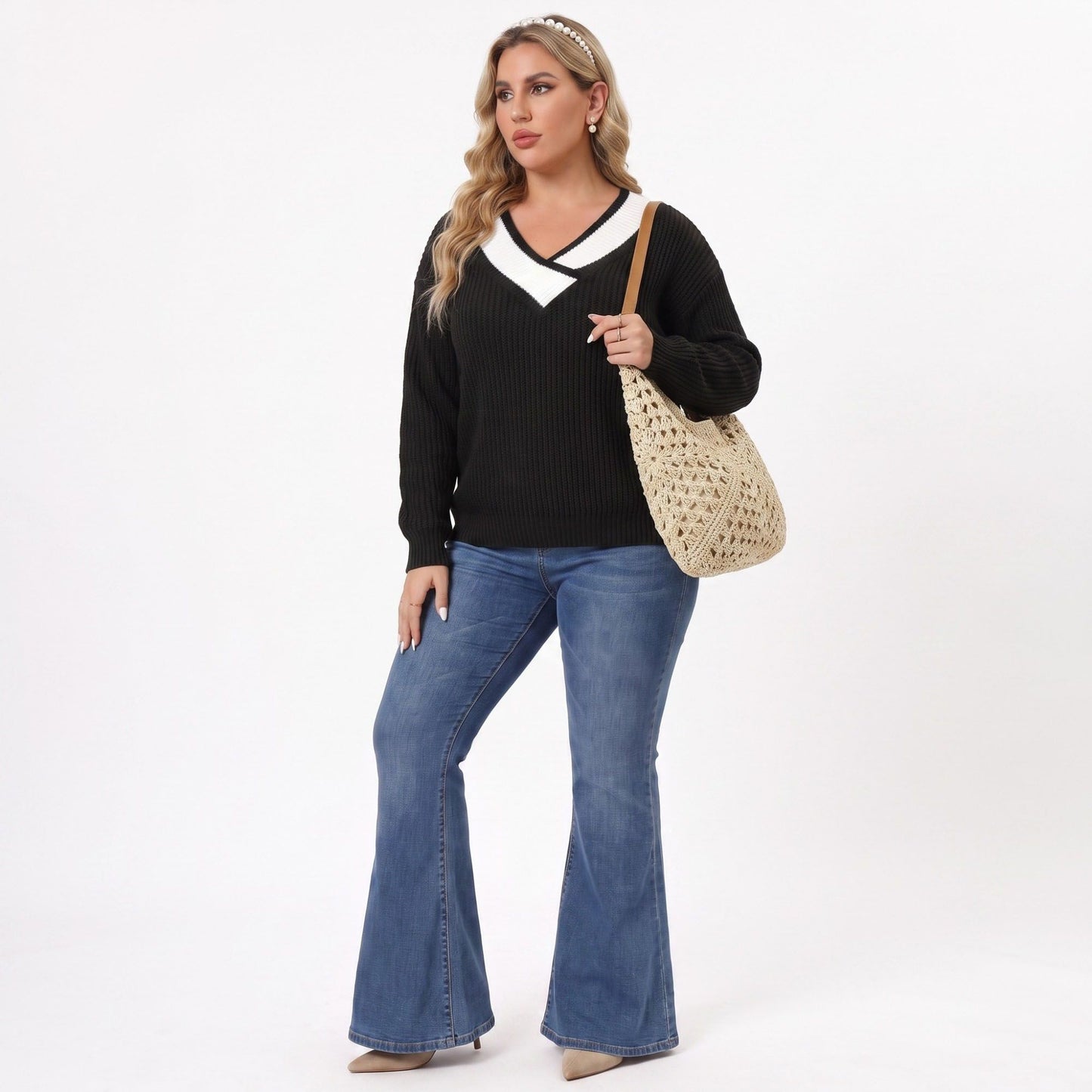 Plus Size Contrast Collar V-Neck Ribbed Sweater