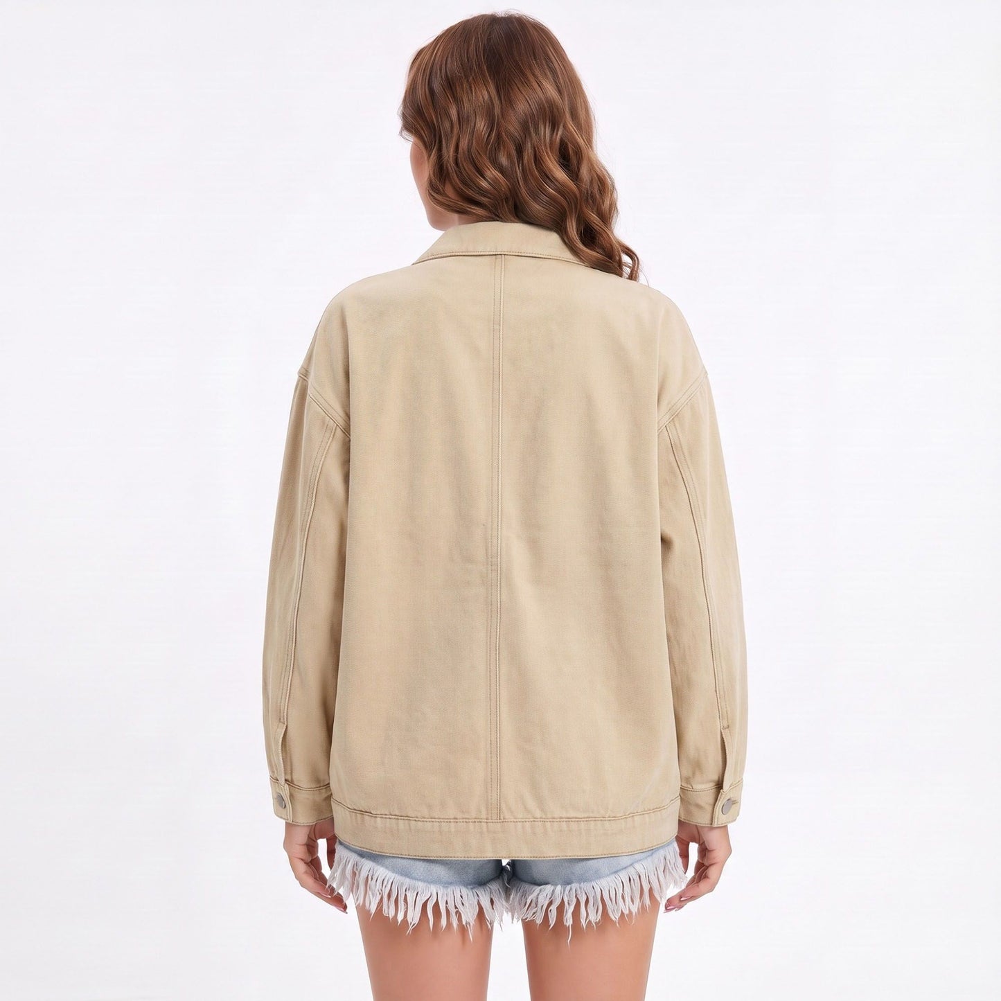 Oversized Denim Jacket Button Front Long Sleeve Jean Jacket With Patch Pockets