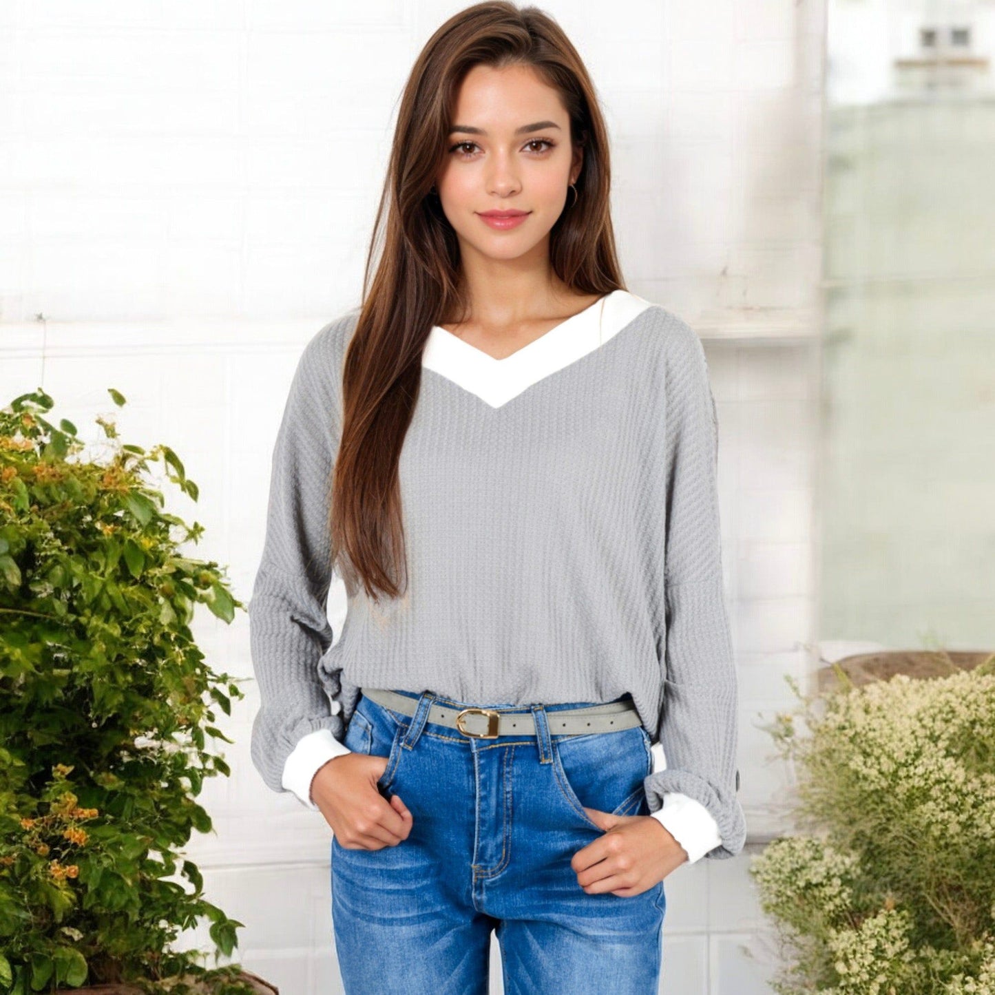 V-Neck Waffle Knit Long Sleeve Top Contrast Trim Relaxed Fit