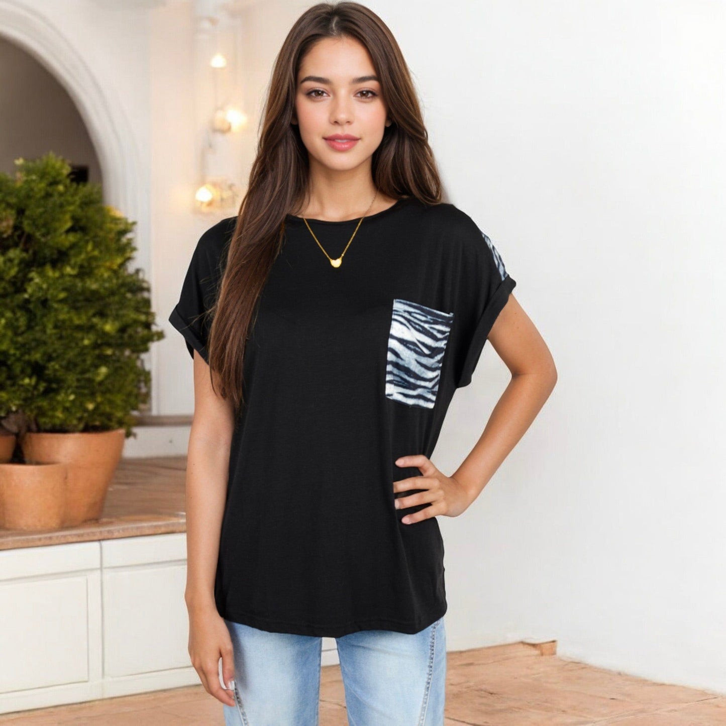 Short Sleeve Zebra Print Top with Rolled Cuffs