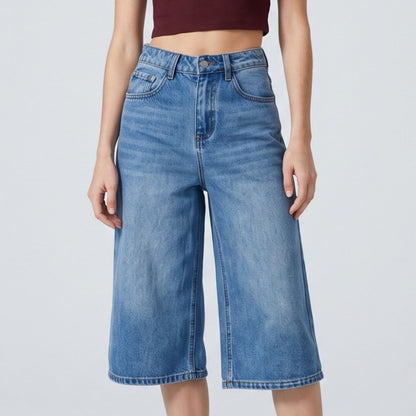 High-Waisted Cropped Wide-Leg Denim Trousers