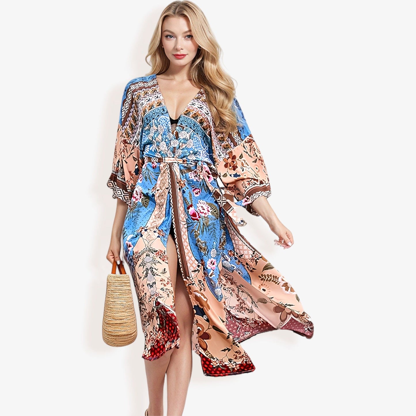 Long Bohemian DusterWith Mixed Floral Prints Wide Sleeves