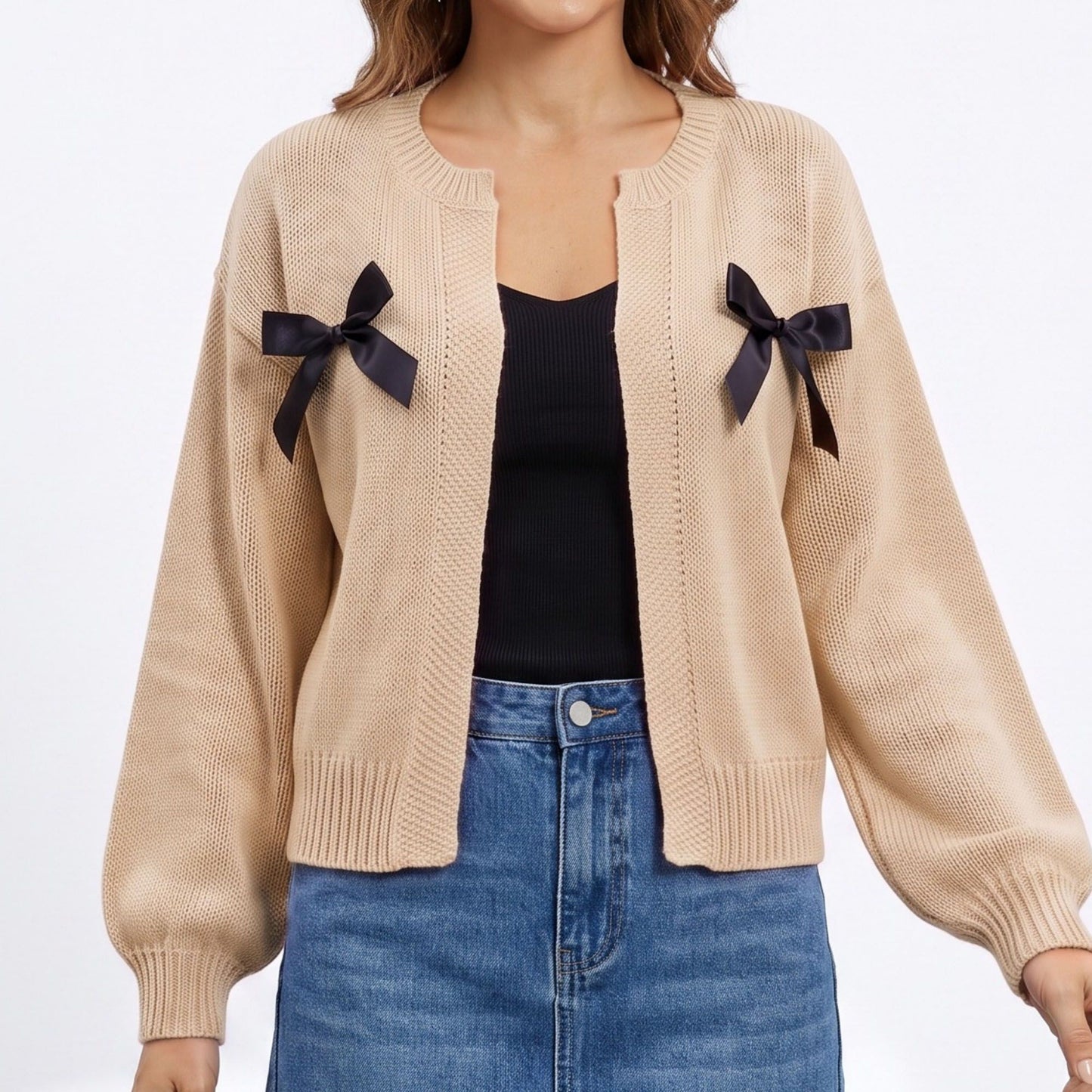 Bow Detail Open Front Knit Cardigan Sweater