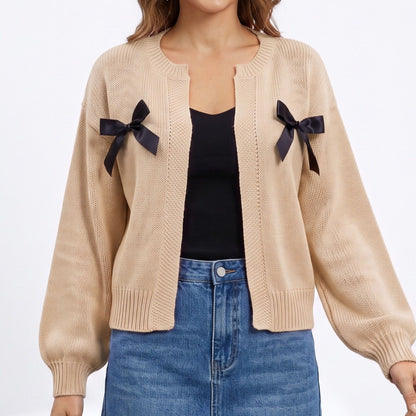 Bow Detail Open Front Knit Cardigan Sweater