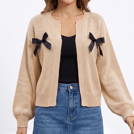 Bow Detail Open Front Knit Cardigan Sweater