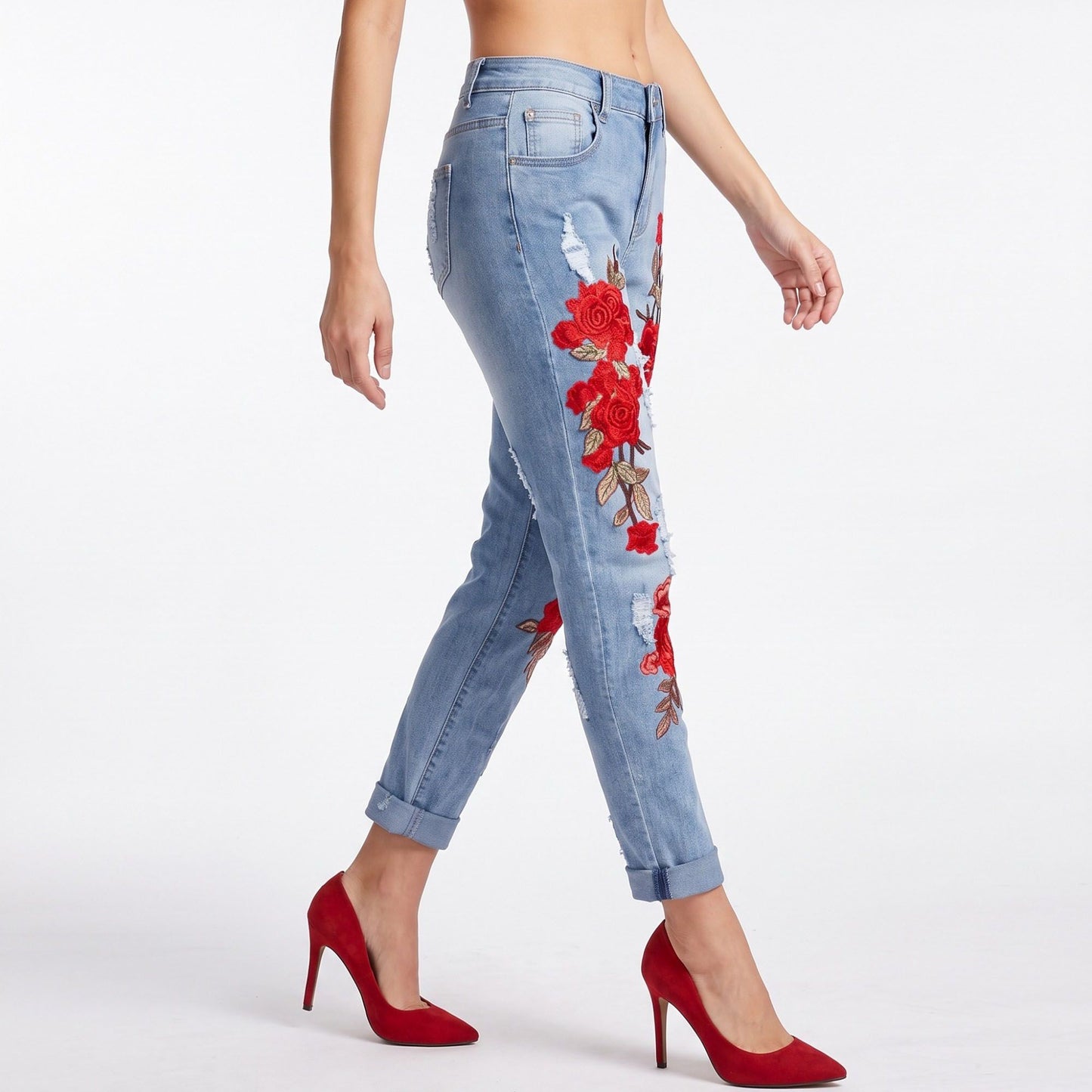 Rose Embroidered Distressed Denim Jeans Rolled Cuff Slim Fit Pants