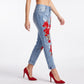 Rose Embroidered Distressed Denim Jeans Rolled Cuff Slim Fit Pants