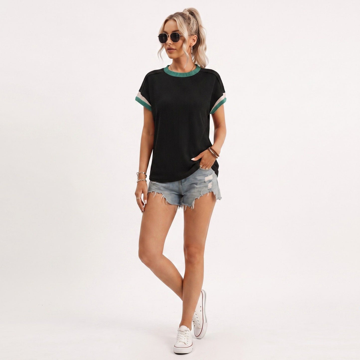 Ribbed Short Sleeve Top Contrast Trim Crew Neck Casual Tee