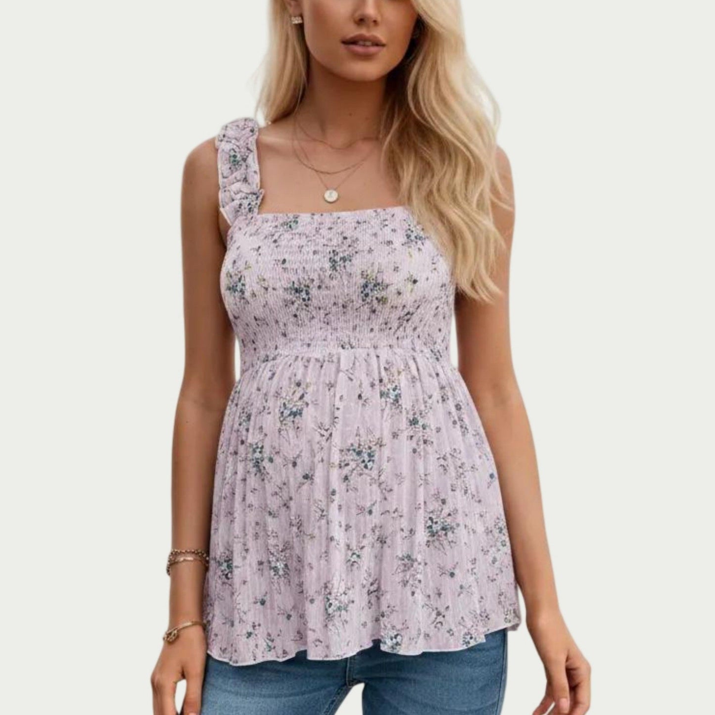 Maternity Floral Sleeveless Babydoll Top with Ruffle Straps Smocked Bust Flowy Tunic Blouse