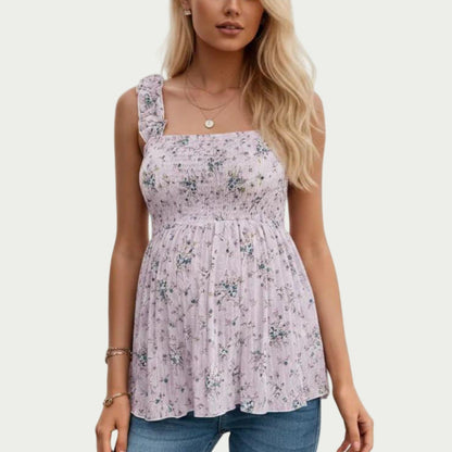 Maternity Floral Sleeveless Babydoll Top with Ruffle Straps Smocked Bust Flowy Tunic Blouse