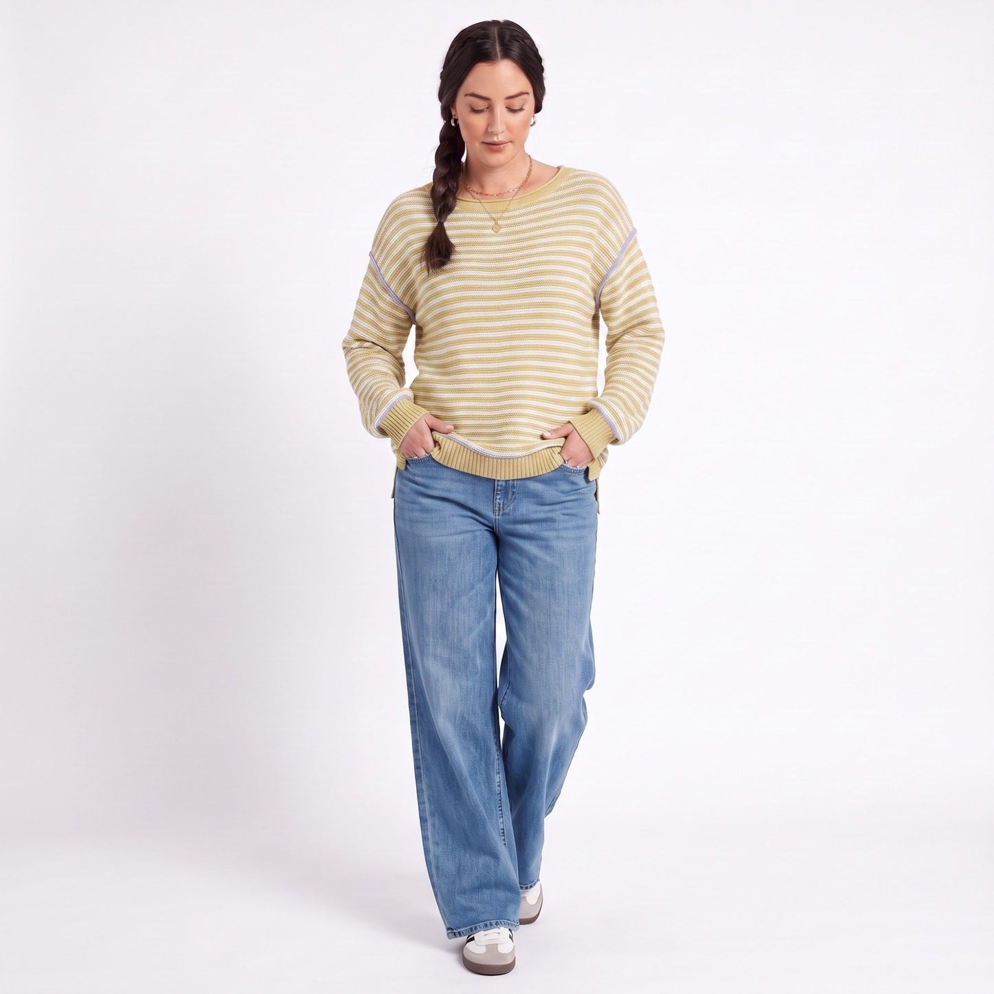 Striped Contrast Trim Drop Shoulder Long Sleeve Knit Sweater