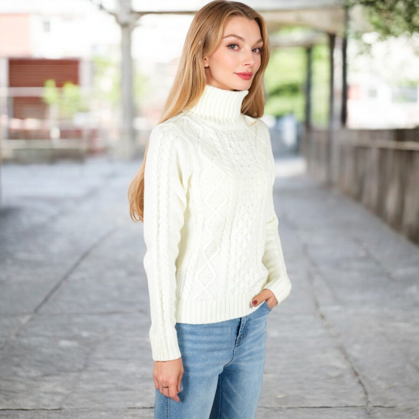 Long Sleeve Cable Knit Turtleneck Sweater