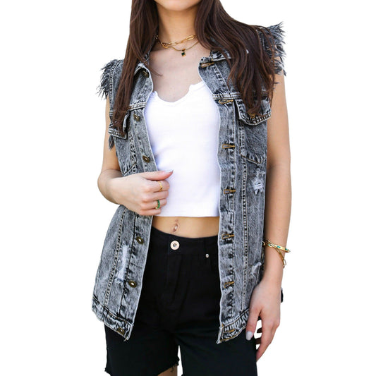 Oversize Distressed Sleeveless Denim Vest