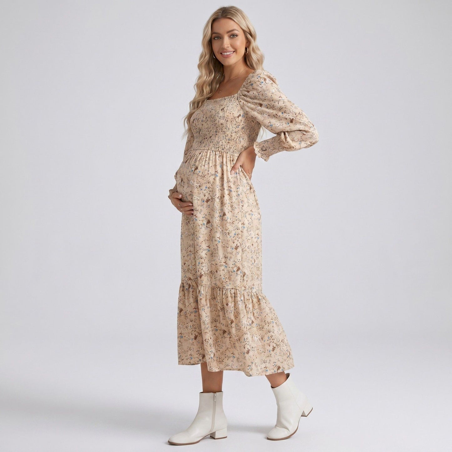 Maternity Floral Square Neck Midi Dress with Long Sleeves and Smocked Bodice
