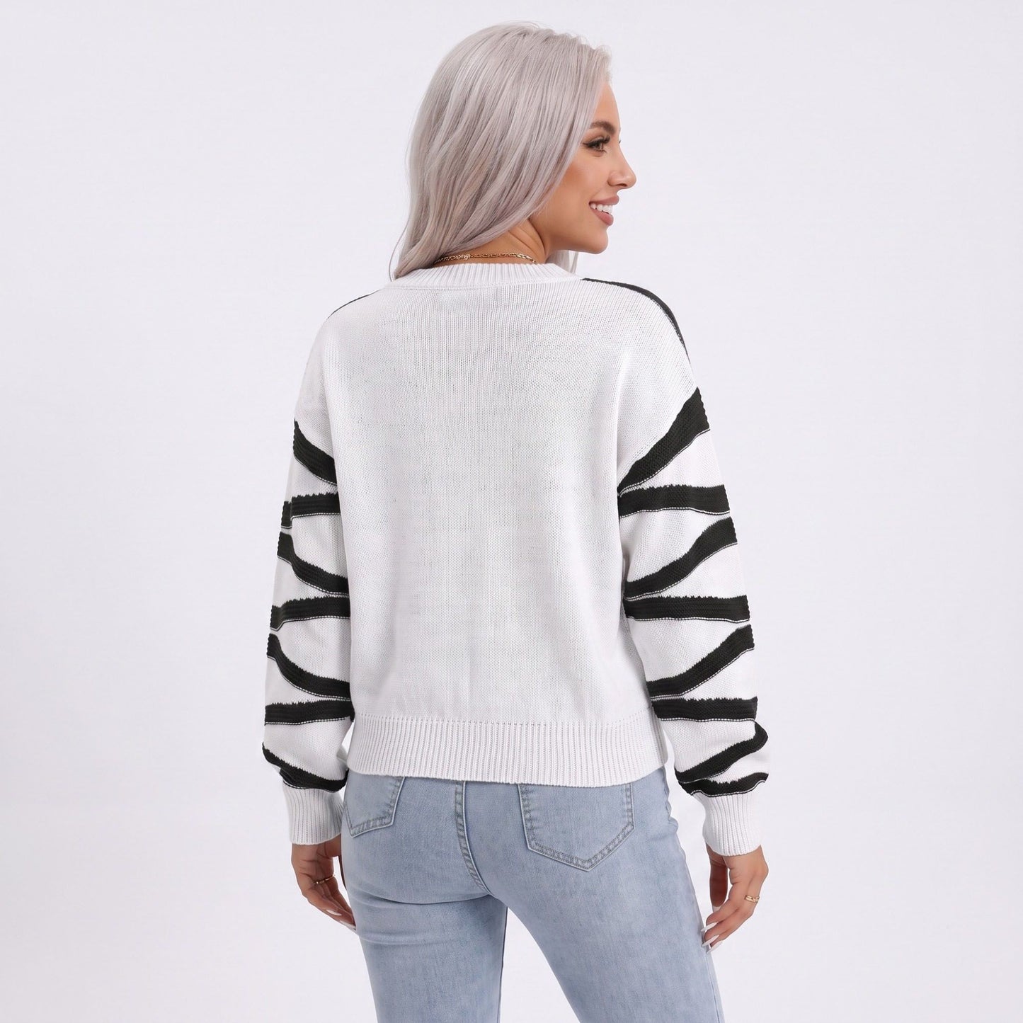 Wavy Stripe Crew Neck Long Sleeve Knit Sweater