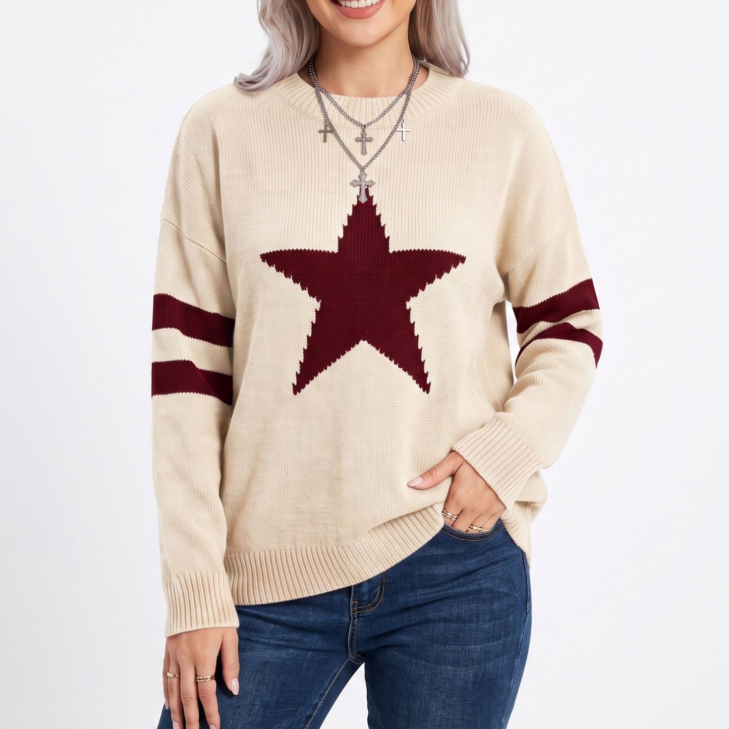 Star Graphic Striped Sleeve Crewneck Knit Sweater