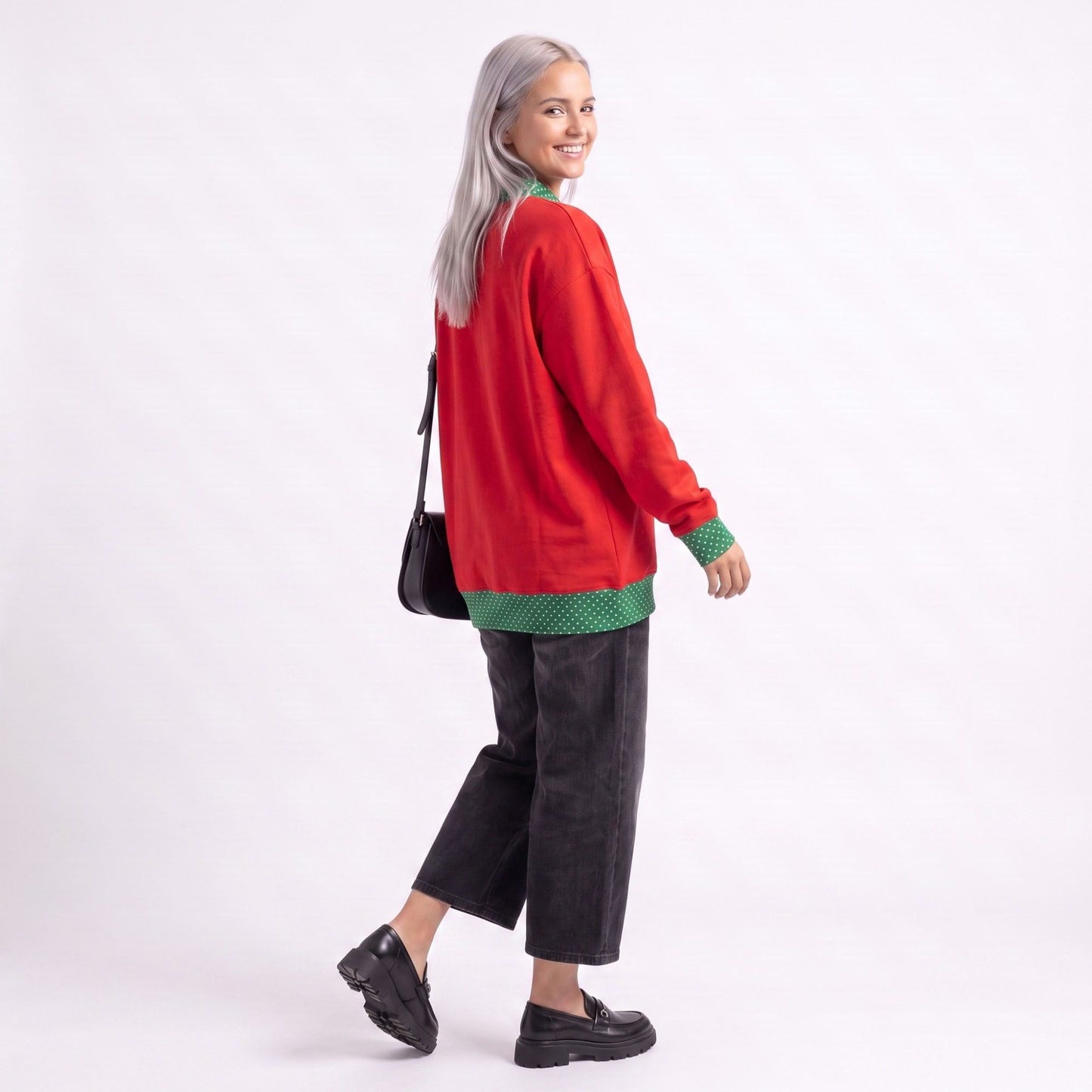 Long Sleeve Contrast Trim Sweatshirt with Polka Dot Details