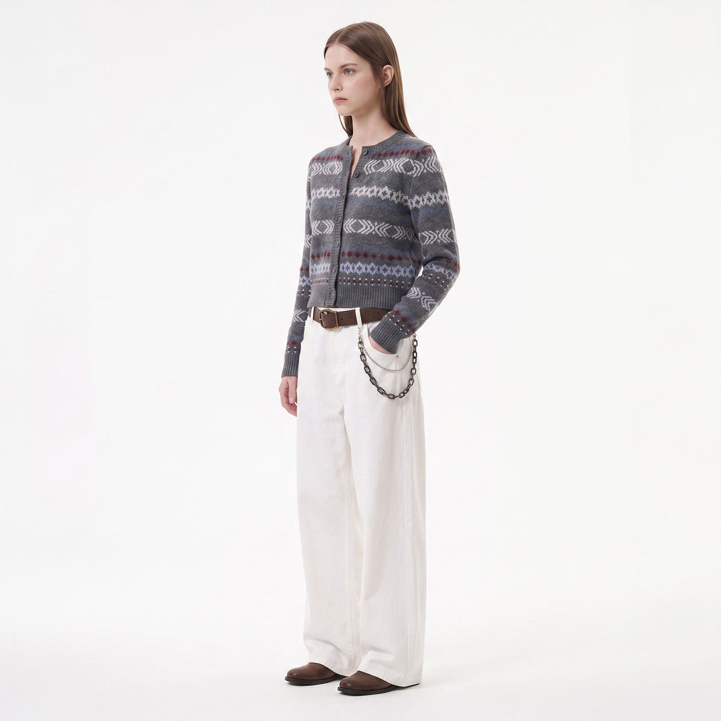 Geometric Pattern Button Front Knit Cardigan Sweater