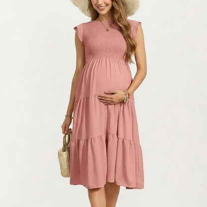 Maternity Smocked Tiered Midi Dress with Cap Sleeves and Round Neck