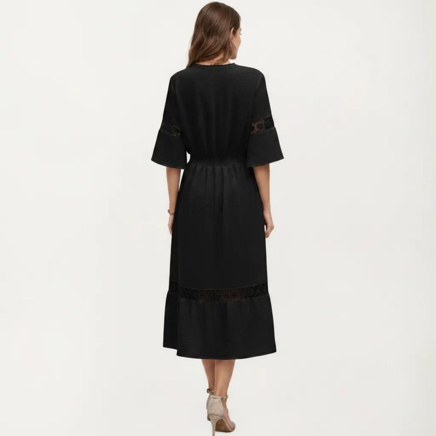 V Neck Midi Dress with Lace Trim Paneling and Short Wide Sleeves Flowing Silhouette