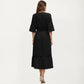 V Neck Midi Dress with Lace Trim Paneling and Short Wide Sleeves Flowing Silhouette