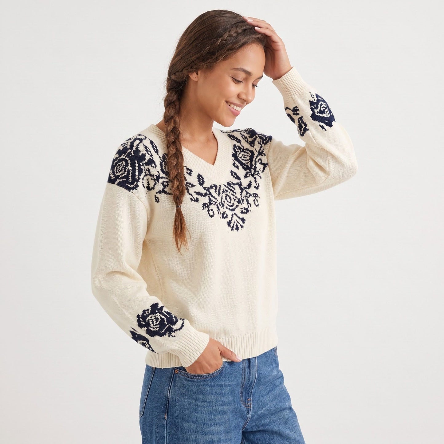 Floral Jacquard V Neck Long Sleeve Pullover Sweater