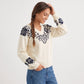 Floral Jacquard V Neck Long Sleeve Pullover Sweater