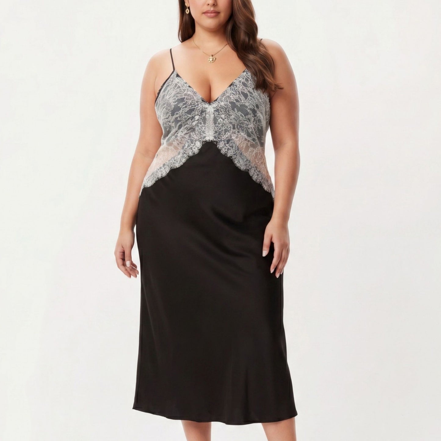 Plus Size Long Satin Chemise Lace Panel Nightgown Adjustable Strap Slip Sleep Dress