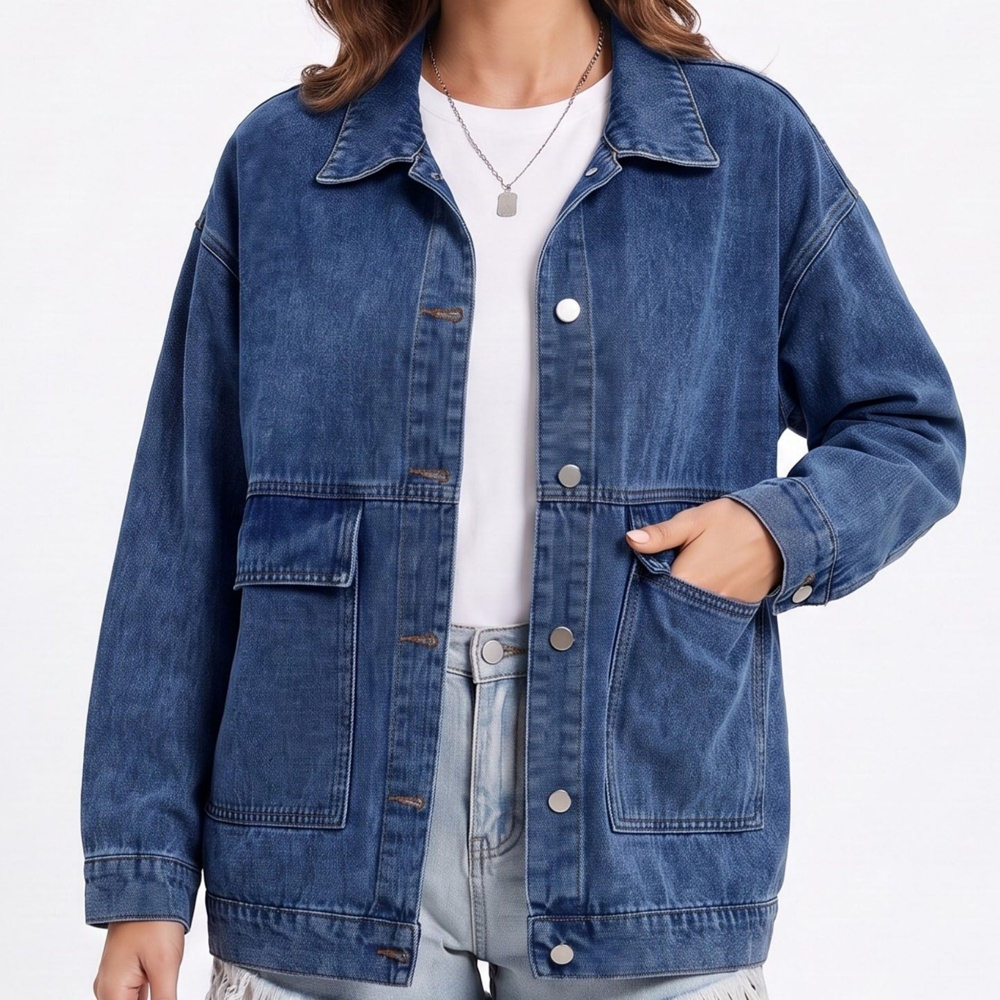 Oversized Denim Jacket Button Front Long Sleeve Jean Jacket With Patch Pockets
