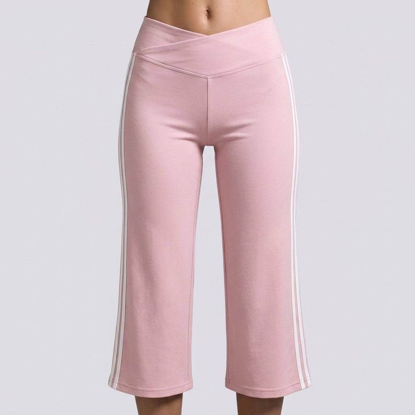 Crossover Waistband Side-Stripe Cropped Wide-Leg Trousers