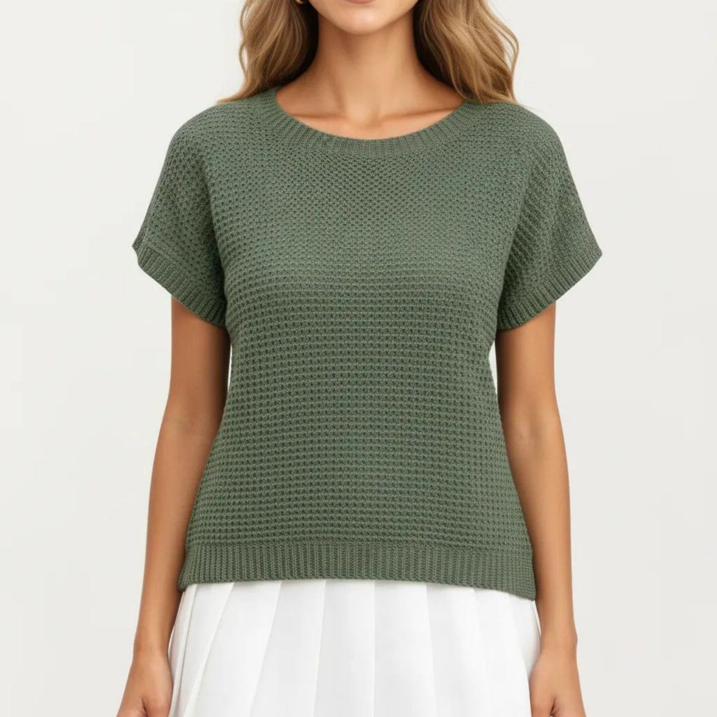 Short Sleeve Textured Knit Top with Crew Neck Ribbed Trim and Relaxed Fit