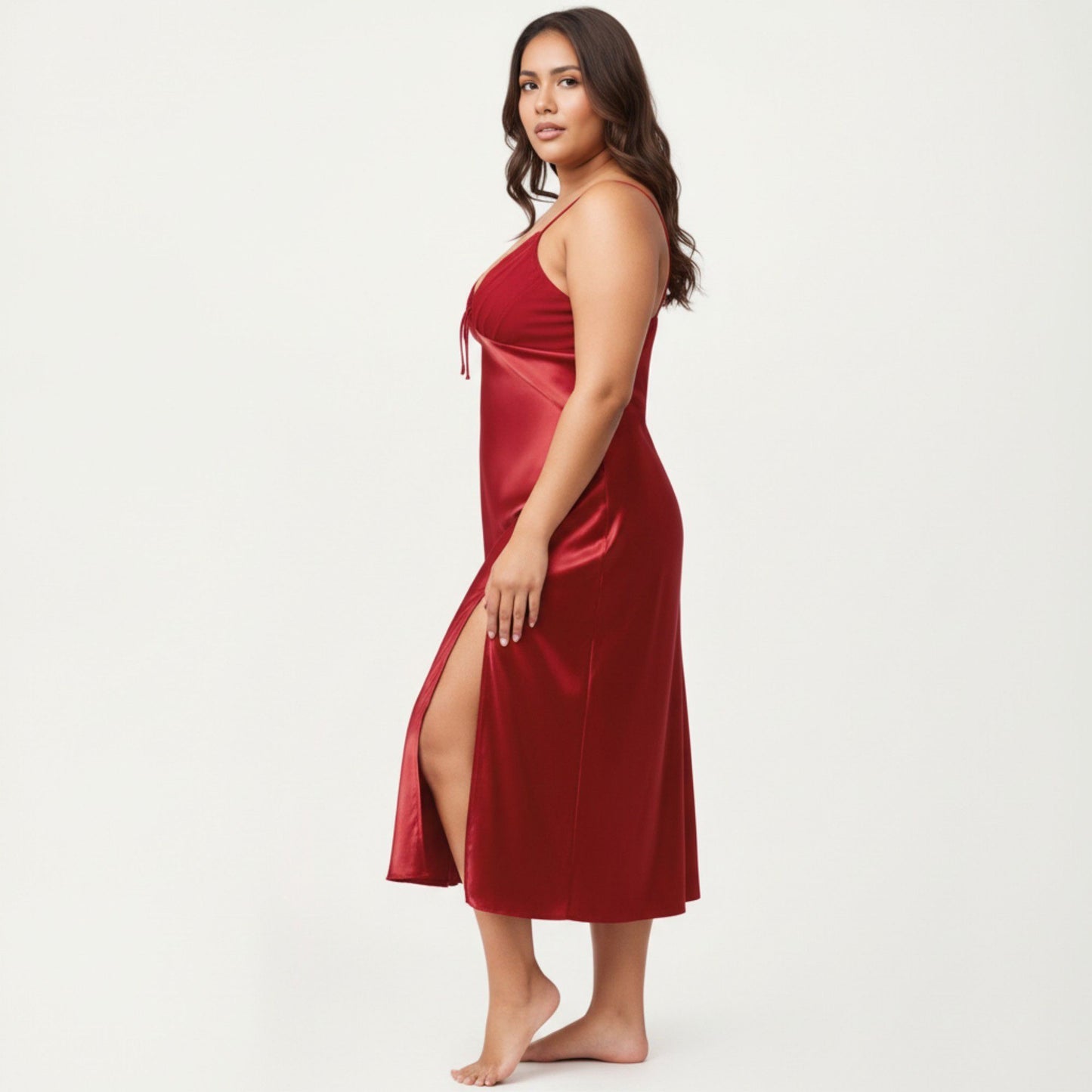 Plus Size Satin Chemise Nightgown with Lace Trim Neckline Adjustable Straps Side Slit Slip Dress