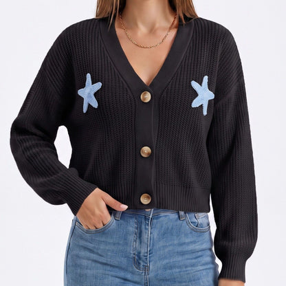 Starfish Applique Button Front V Neck Knit Cardigan Sweater