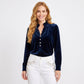 Velvet Ruffle Neck Button Front Long Sleeve Blouse