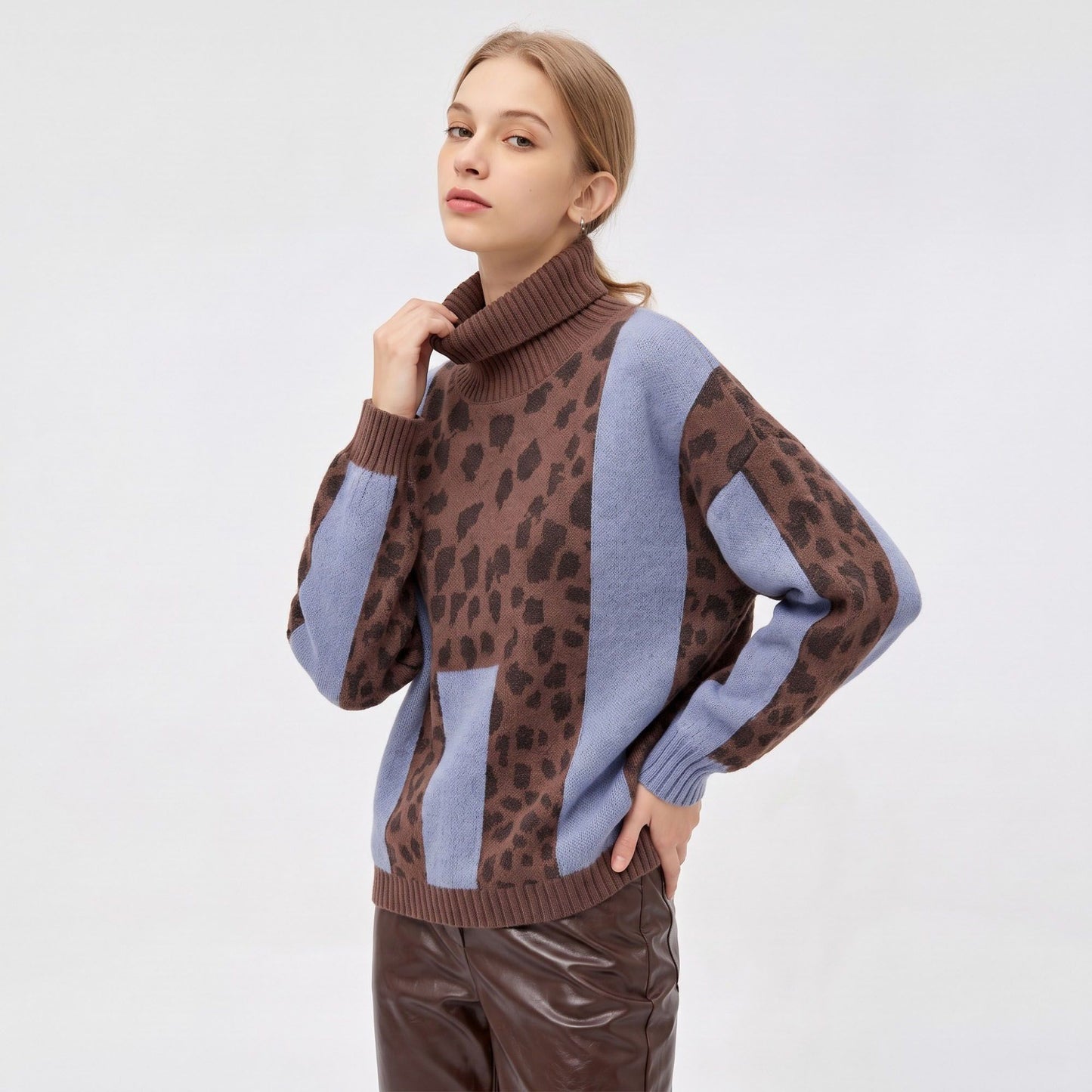 Animal Print Color Block Turtleneck Sweater