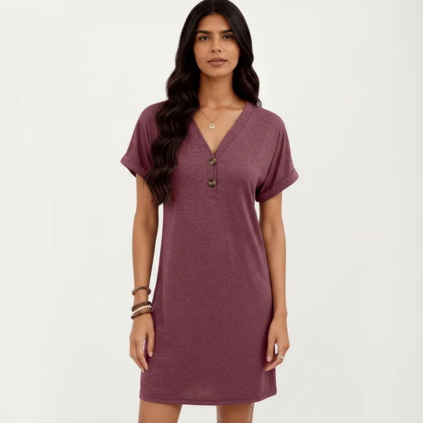 Short Sleeve V Neck Shift Dress with Button Detail Relaxed Fit Casual Tunic Dress