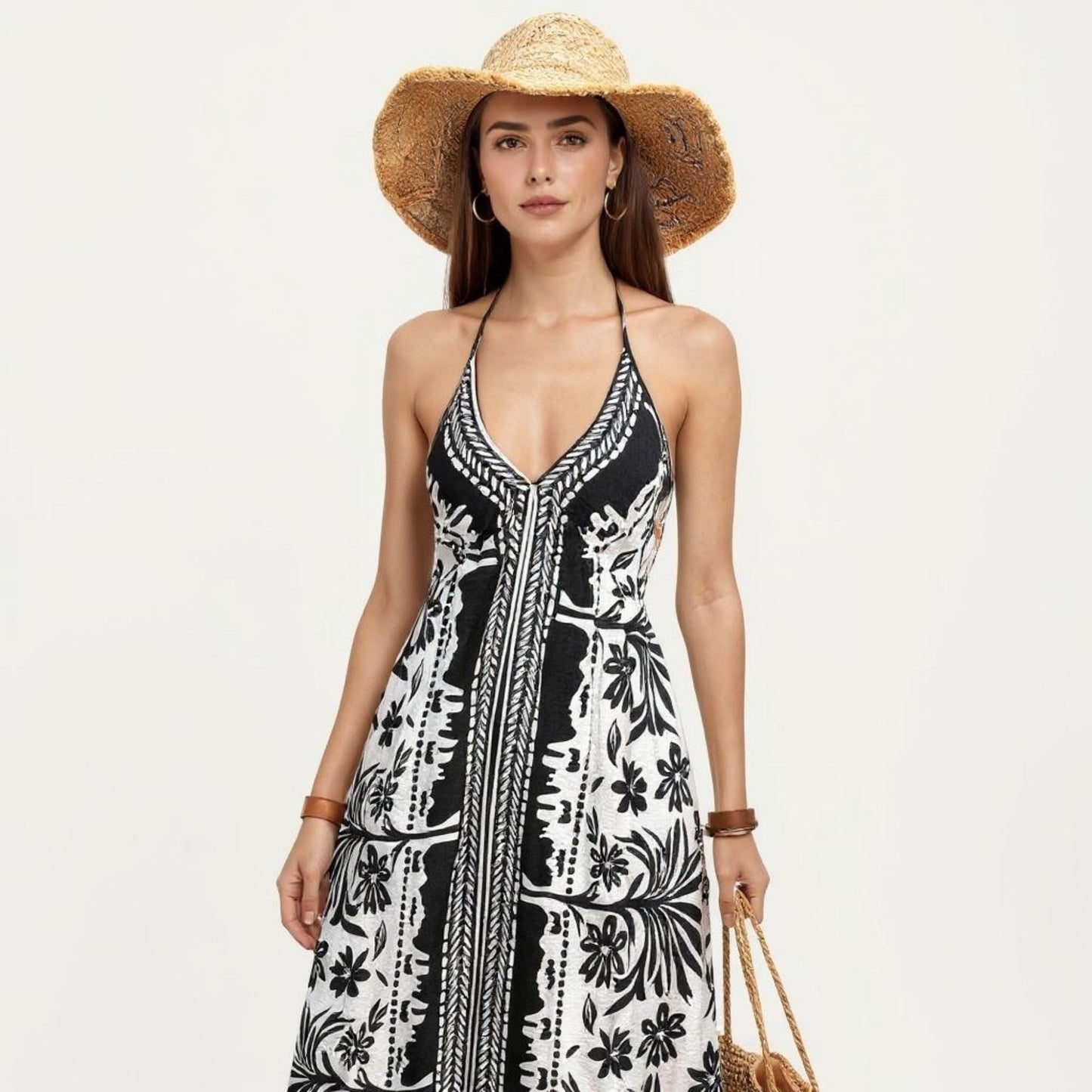 Halter Neck Maxi Dress with Open Back Tie Design Flowy Printed Long Dress